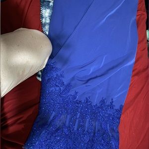 Long royal blue dress with glitter, slit, corset top and lace pattern